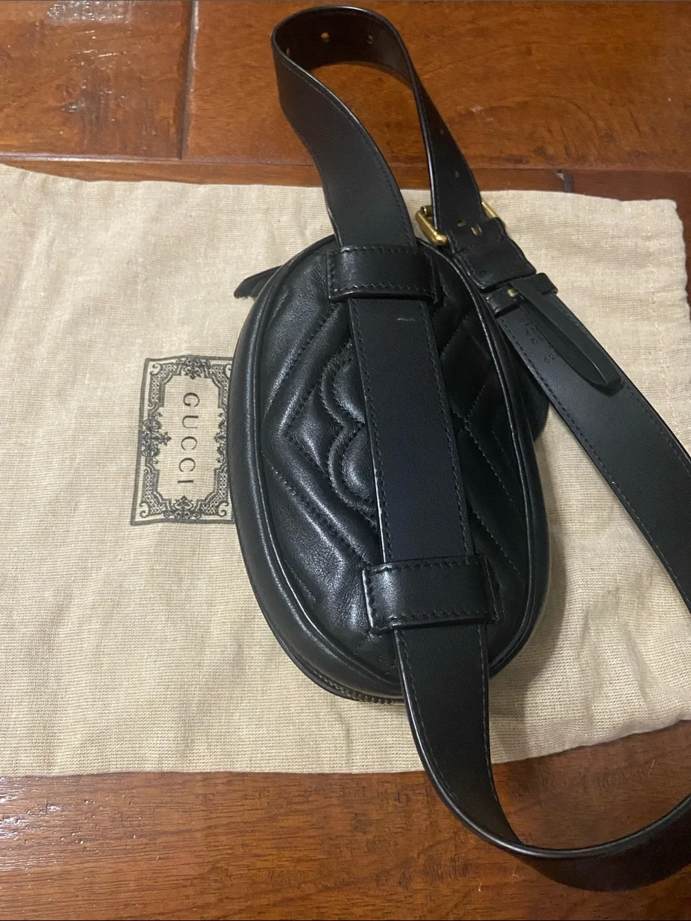 Gucci Black Leather GG Marmont Belt Bag with Gold Hardware